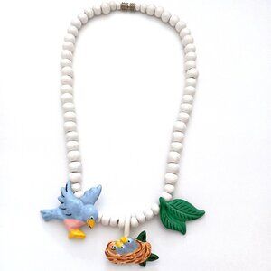 Vintage Flying Colors Bird With Baby Birds In Nest Ceramic Necklace